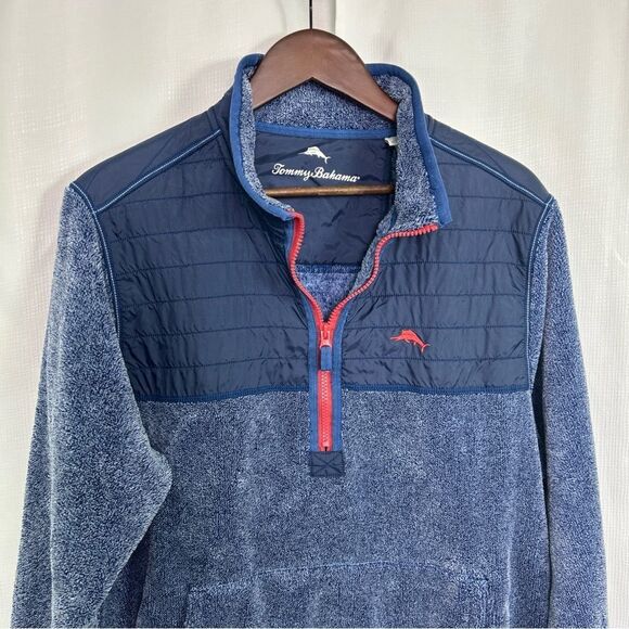 Tommy Bahamas Men’s Large Cascade Cozy Blue Half Zip Sweatshirt Front Pocket - Picture 2 of 10